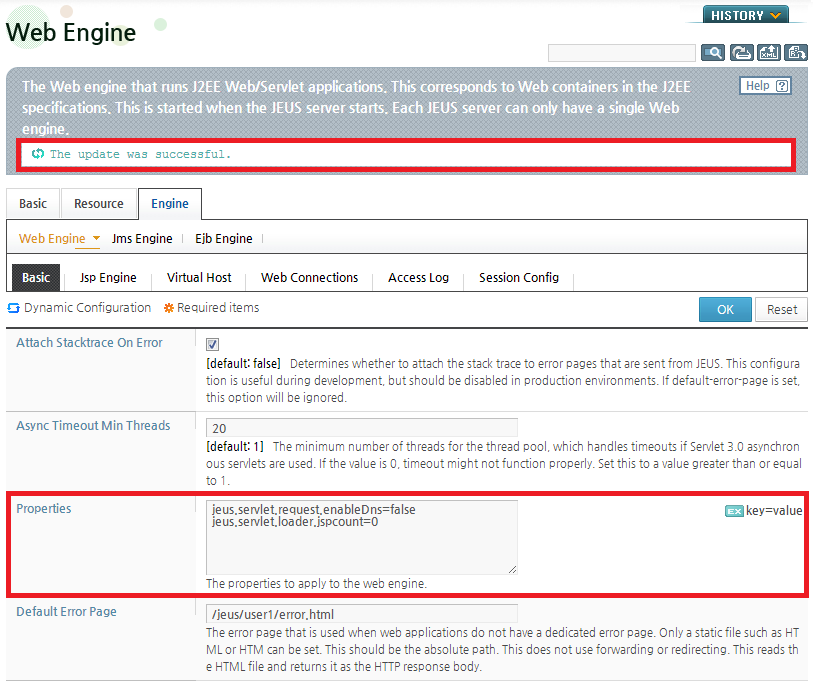 Web Engine Properties - Configuration