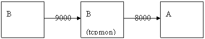 tcpmon이 9000번으로 들어온 요청을 받아서 A의 8000번 Port로 전송