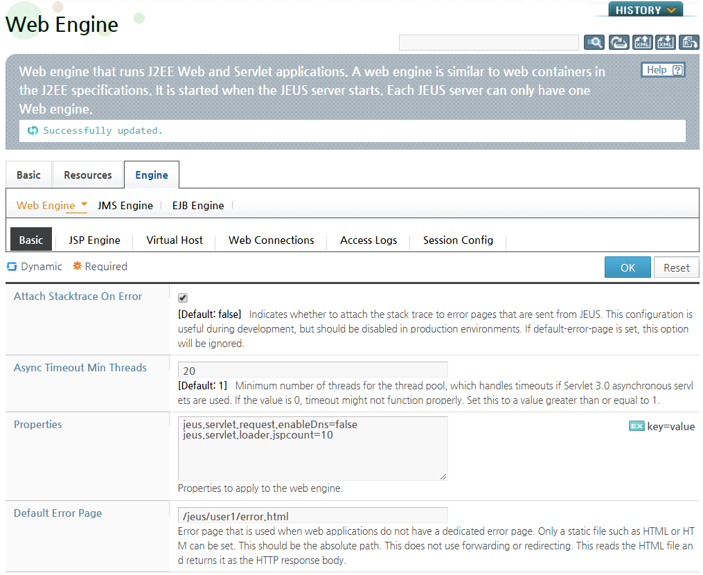 Web Engine Properties - Configuration