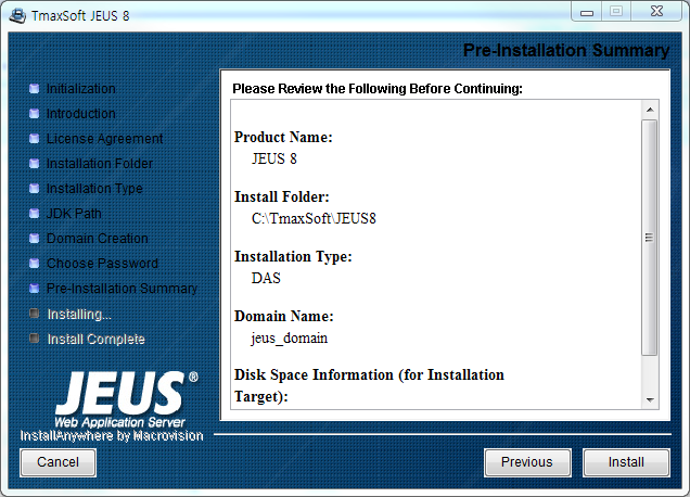 Windows에서 설치 - Pre Installation Summary