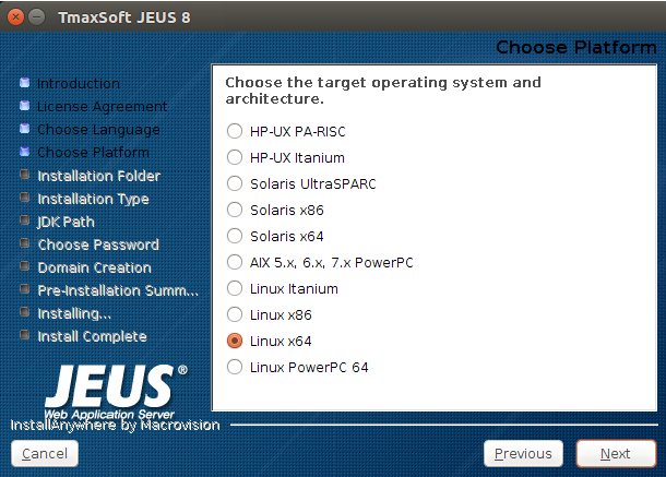 UNIX에서 GUI 모드 설치 - Choose Platform